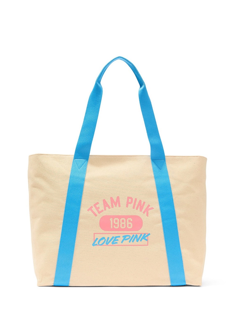 PINK Victoria's Secret Beige Canvas Tote with Blue Straps